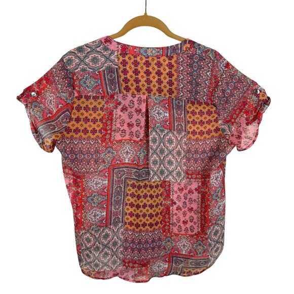 Westport Colorful Lightweight Sheer Cuffed Short Sleeve Button Up Blouse Size XL - Picture 2 of 8